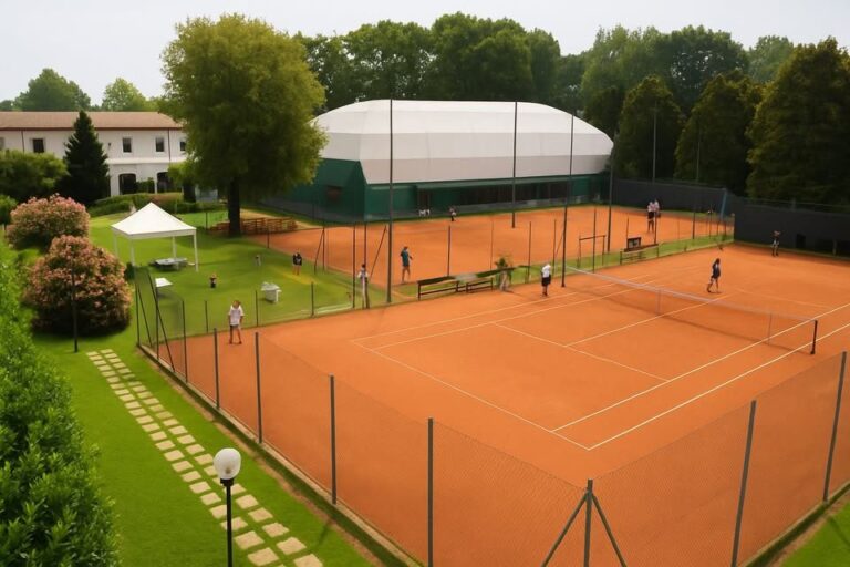 Vista dei campi da tennis in terra rossa e della struttura coperta